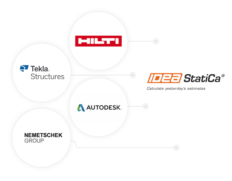 Logos of CAD and engineering software integrations — Tekla Structures, Hilti, Autodesk, and Nemetschek — connected to IDEA StatiCa, indicating plugin compatibility.